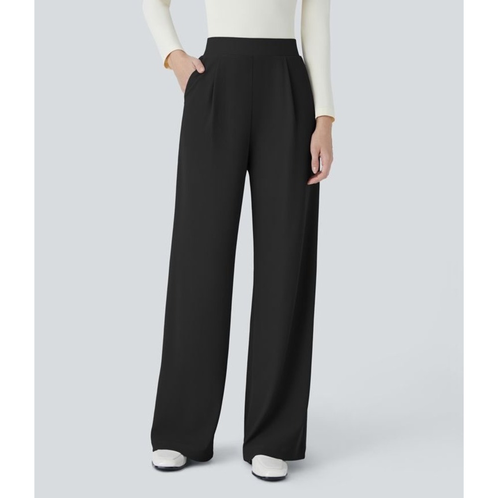 NEW Halara Flex Wide Leg Pull On High Waist Pleated Pant Black XL Petite